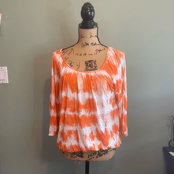 Michael Kors Womens Tie Dye 3/4 Sleeve Scoop Neck Top Orange White Small - Picture 1 of 4